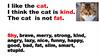 I like the cat. I think the cat is kind. The cat is not fat