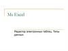 Ms Excel Редактор электронных таблиц. Типы данных